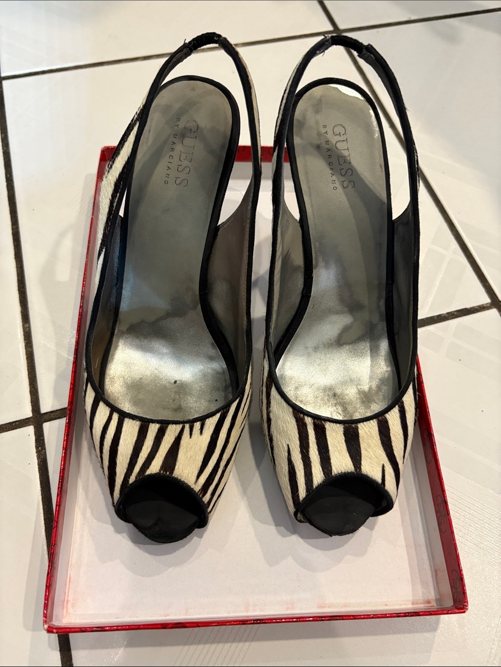 Free With Purchase! GUC GUESS Black & White Zebra Peep-Toe Slingback Heels